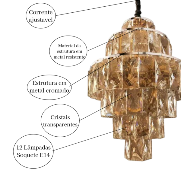 Lustre Lisse Cromado Cristal 12L E-14 Ø500 x H640mm - Image 4