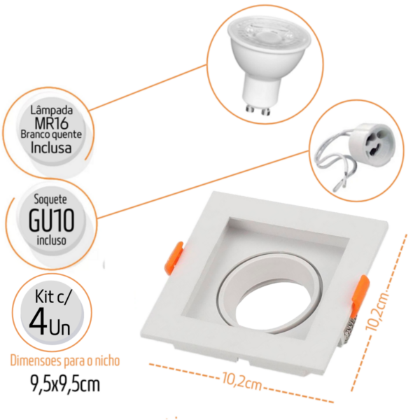 Kit 4 Spot Recuado Branco Embutir Dicroica BR2029 LEDSBR + Led Mr16 4,8w Br Quente - Image 3